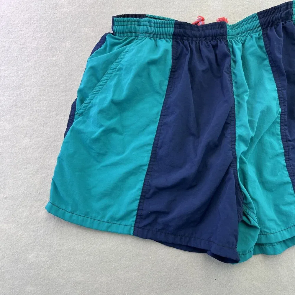 Club Sportswear Swim Trunks USA Made 80s 90s M Teal Navy Unisex Colorblock VTG